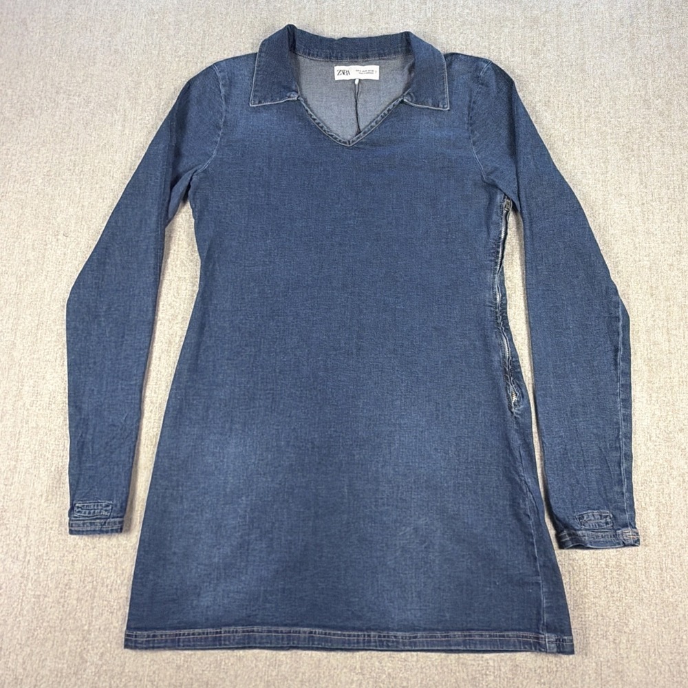 Zara Collared Denim Shirt Dress Size M Mini Dark Blue Long Sleeve NWOT